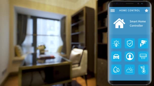 Smart Home Smart Hus Hemautomation Enhet Med App Ikoner Smarttelefon — Stockvideo