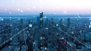 Akıllı Bağlı Şehir silueti. Gelecekçi ağ konsepti, şehir teknolojisi.