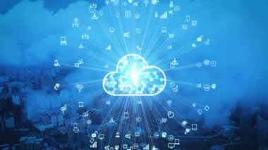 Bulut hesaplama konsepti. Akıllı şehir. İletişim ağı