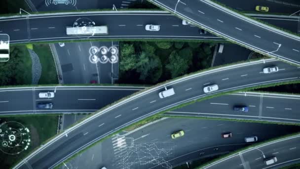 Luchtfoto Van Zelfrijdende Automatische Piloot Auto Rijden Een Snelweg — Stockvideo