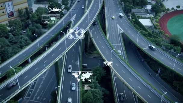 Vue Aérienne Voitures Autopilotes Conduite Autonome Conduisant Sur Une Autoroute — Video