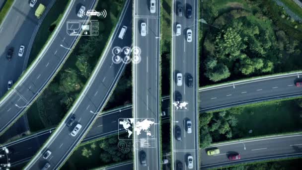 Luchtfoto Van Zelfrijdende Automatische Piloot Auto Rijden Een Snelweg — Stockvideo