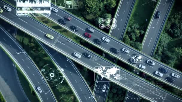 Luchtfoto Van Zelfrijdende Automatische Piloot Auto Rijden Een Snelweg — Stockvideo