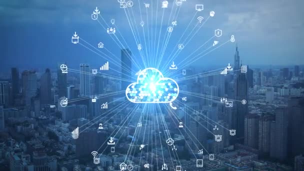 Cloud Computing Concept Smart City Communication Network — Stock Video