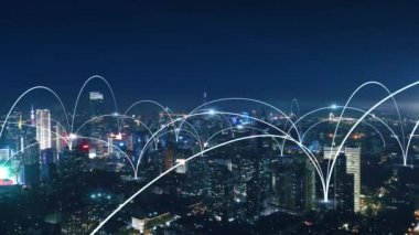 Akıllı Bağlı Şehir silueti. Gelecekçi ağ konsepti, şehir teknolojisi.