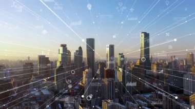 Akıllı Bağlı Şehir silueti. Gelecekçi ağ konsepti, şehir teknolojisi.