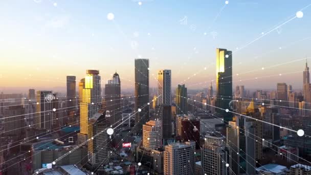 Smart Connected City Skyline Concept Réseau Futuriste Ville Technologie — Video