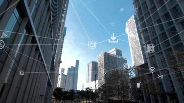 Skyline Cidade Conectada Inteligente Conceito Rede Futurista Cidade Tecnologia — Vídeo de Stock