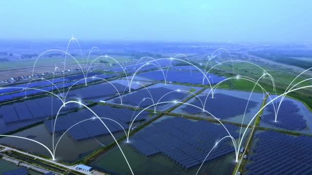 太陽光パネルとネットワーク接続の概念の空中ビュー — ストック動画