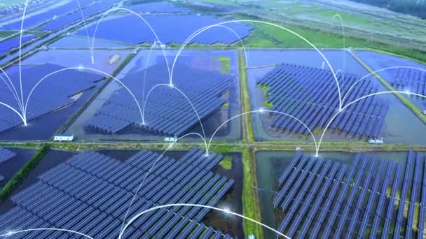 太陽光パネルとネットワーク接続の概念の空中ビュー — ストック動画