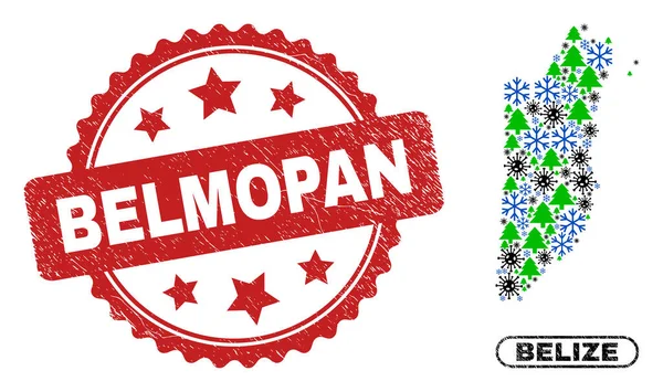 Sello Grunge Belmopan y Mapa de Belice Collage de Navidad Covid — Vector de stock