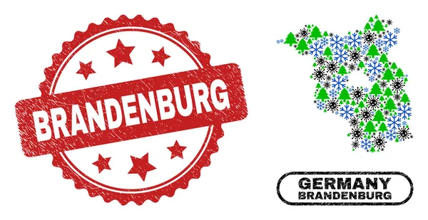 Brandenburg zerkratzte Briefmarke und brandenburgische Landkarte Collage Coronavirus Weihnachten — Stockvektor