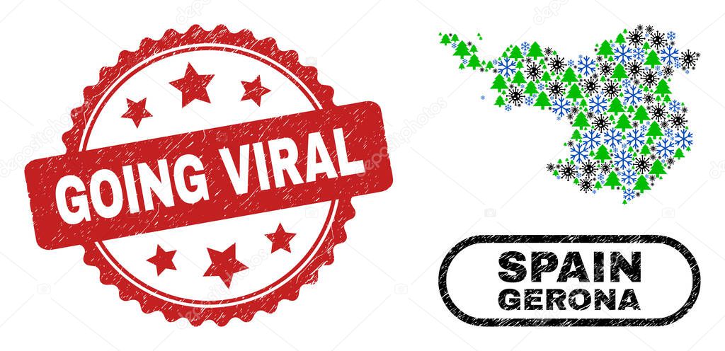 Going Viral Grunge Seal and Gerona Province Map Composition of Coronavirus New Year