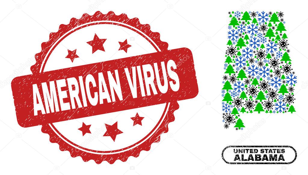 American Virus Distress Seal and Alabama State Map Collage of Covid Winter