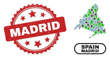 Madrid desenli Pul ve Madrid İlçe Haritası Covid Kış Kompozisyonu