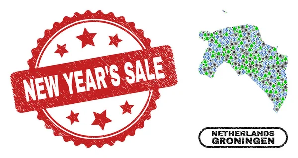 Venta de Año Nuevo Sello rayado y mapa de la provincia de Groninga Mosaico de Covid-2019 Invierno — Vector de stock