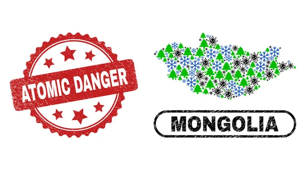 Peligro Atómico Grunge Stamp y Mongolia Mapa Composición del Coronavirus Navidad — Vector de stock