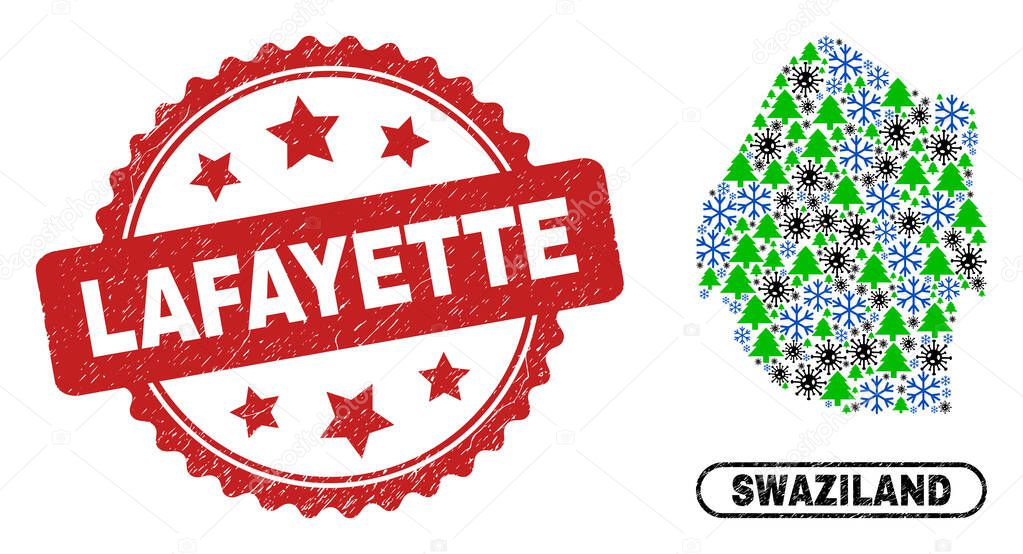 Lafayette Grunge Stamp and Swaziland Map Mosaic of Covid Christmas