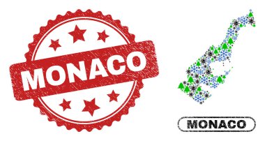 Monaco Grunge Mühür ve Monako Harita Mozaiği