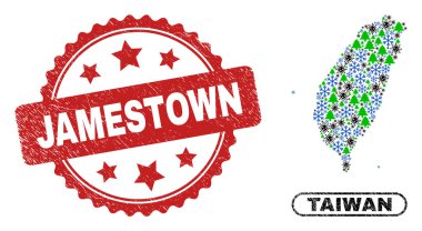 Jamestown desenli mühür damgası ve Coronavirus Noelinin Tayvan Harita Kolajı