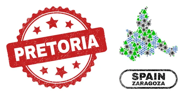 Pretoria Distress Seal and Zaragoza Province Map Collage of Pandemic Winter — Vetor de Stock