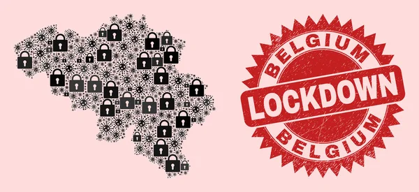 Bélgica Mapa Collage of Locks and Covid-2019 y Grunge Lockdown Stamp — Vector de stock