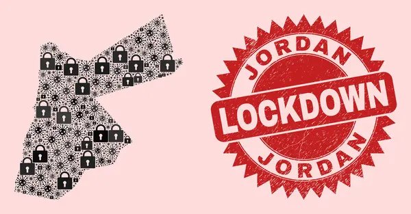Jordan Map Mosaic with Locks and Covid-2019 and Textured Lockdown Stamp Seal — Image vectorielle