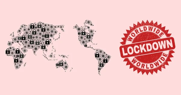 Mapa mundial Collage de cerraduras y artículos virales y sello de bloqueo de angustia — Vector de stock