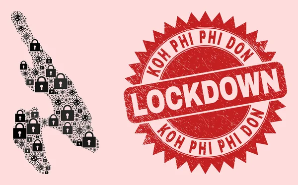 Collage de mapas de Koh Phi Don con cerraduras y sello de sello de bloqueo texturizado Covid-2019 — Vector de stock