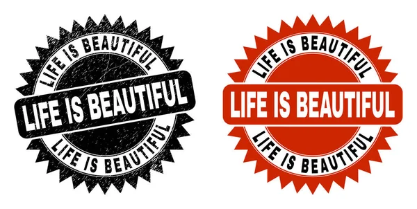 LIFE IS BEAUTIFUL Fekete Rosette Stamp with Grunged Texture — Stock Vector