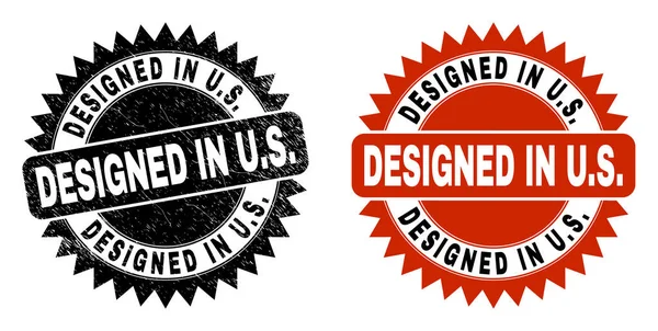 DESIGNED IN U.S. Black Rosette Stamp Seal with Corroded Style — Stock Vector