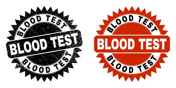 BLOOD TEST Black Rosette Stamp Seal with Grunged Style — Stock Vector