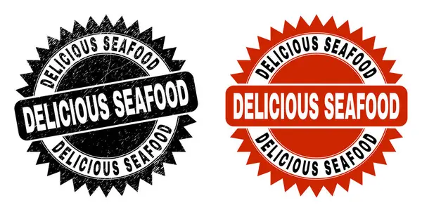DELICIOUS SEAFOOD Black Rosette Stamp with Grunge Style — Stock Vector
