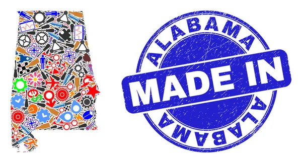 Component Collage Alabama State Map and Made in Distress Stamp — Stock Vector