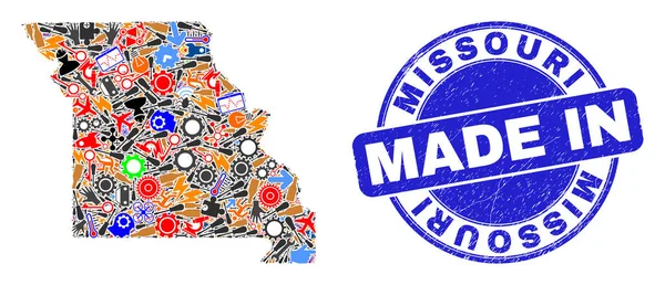 Service Collage Missouri State Map and Made in Scratched Stamp Seal — Stock Vector