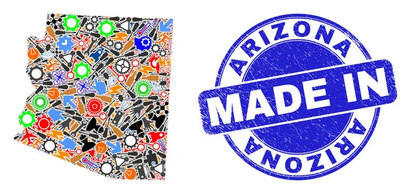 Component Collage Arizona State Map and Made in Distress Rubber Stamp — Stock Vector