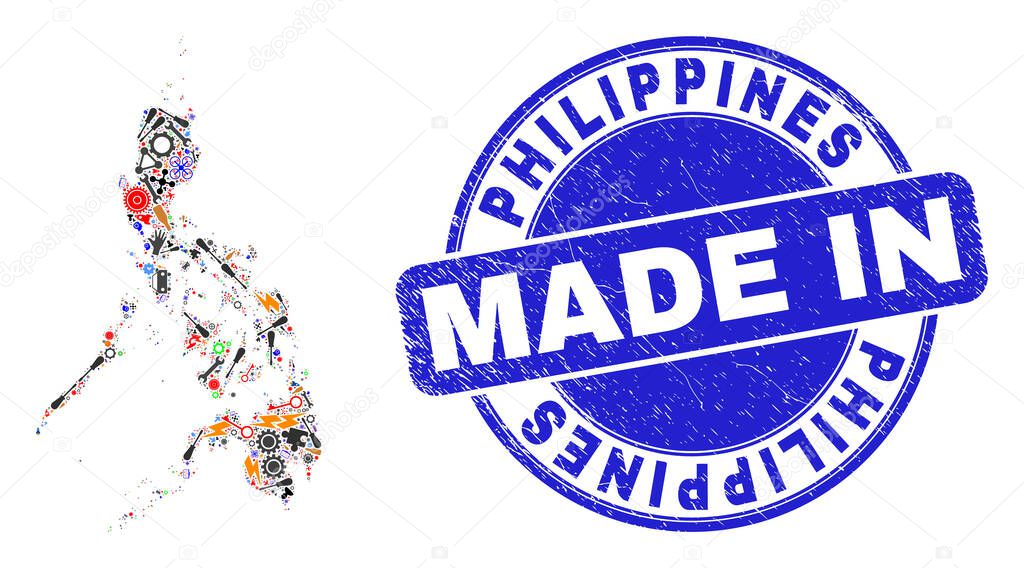 Industrial Mosaic Philippines Map and Made in Distress Watermark