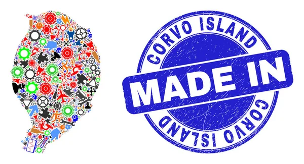 Productie Mozaïek Corvo Island Map en Gemaakt in Textured Stamp — Stockvector
