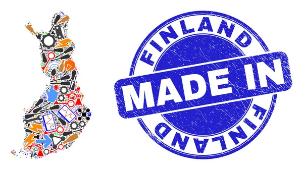 Productie Mozaïek Finland Kaart en Made in Distress Stempel — Stockvector