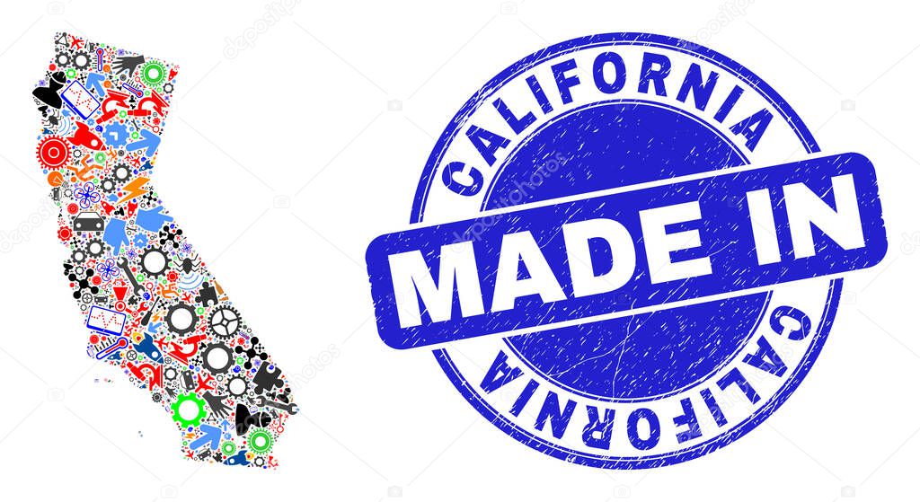 Component Mosaic California State Map and Made in Grunge Stamp