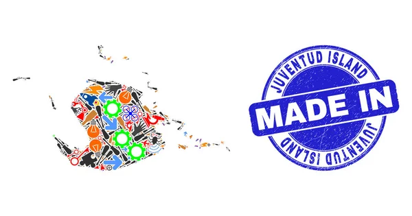 Collage di produzione Mappa dell'isola Juventud e francobollo di gomma graffiato — Vettoriale Stock