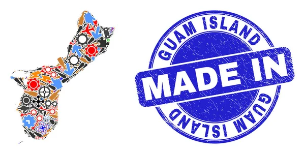 Industriële Mozaïek Guam Island Kaart en Gemaakt in Grunge Watermerk — Stockvector