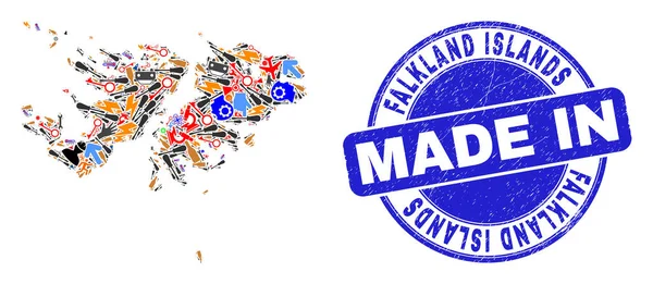Servizio Mosaico Isole Falkland Mappa e Made in Textured Seal — Vettoriale Stock