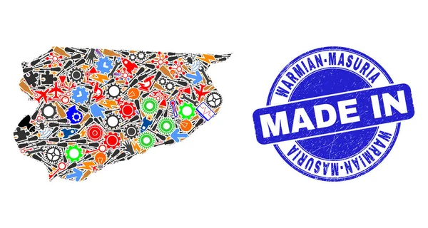 Produzione Mosaico Warmian-Masurian Voivodato Mappa e Made in Scratched Watermark — Vettoriale Stock