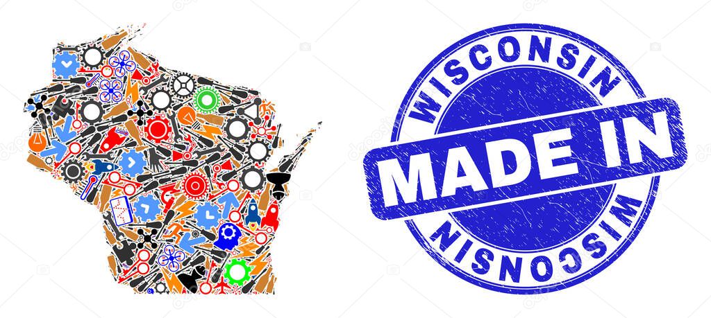 Production Collage Wisconsin State Map and Made in Grunge Watermark