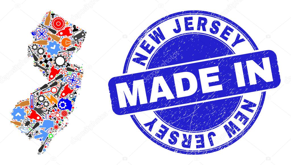 Industrial Mosaic New Jersey State Map and Made in Textured Watermark