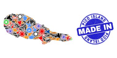 Yapım Kolajı Pico Adası Haritası ve Çizik Lastik Damgalı Yapım