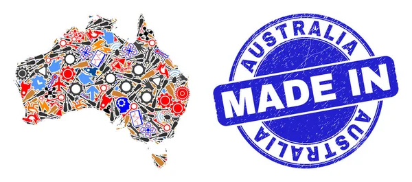 Розробка Collage Австралія Карта і зроблено в текстурованій печатці — стоковий вектор
