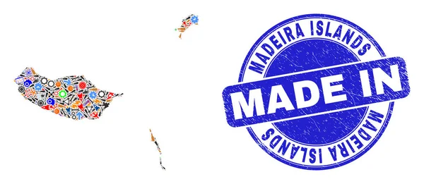 Mapa das Ilhas da Madeira em Mosaico de Engenharia e Made in Distress Rubber Stamp — Vetor de Stock