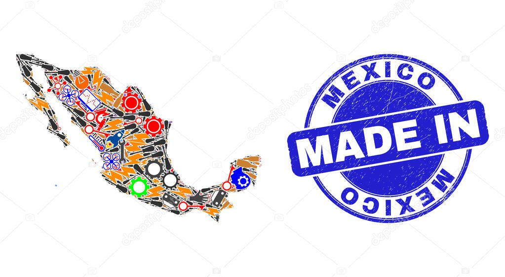Industrial Mosaic Mexico Map and Made in Textured Watermark